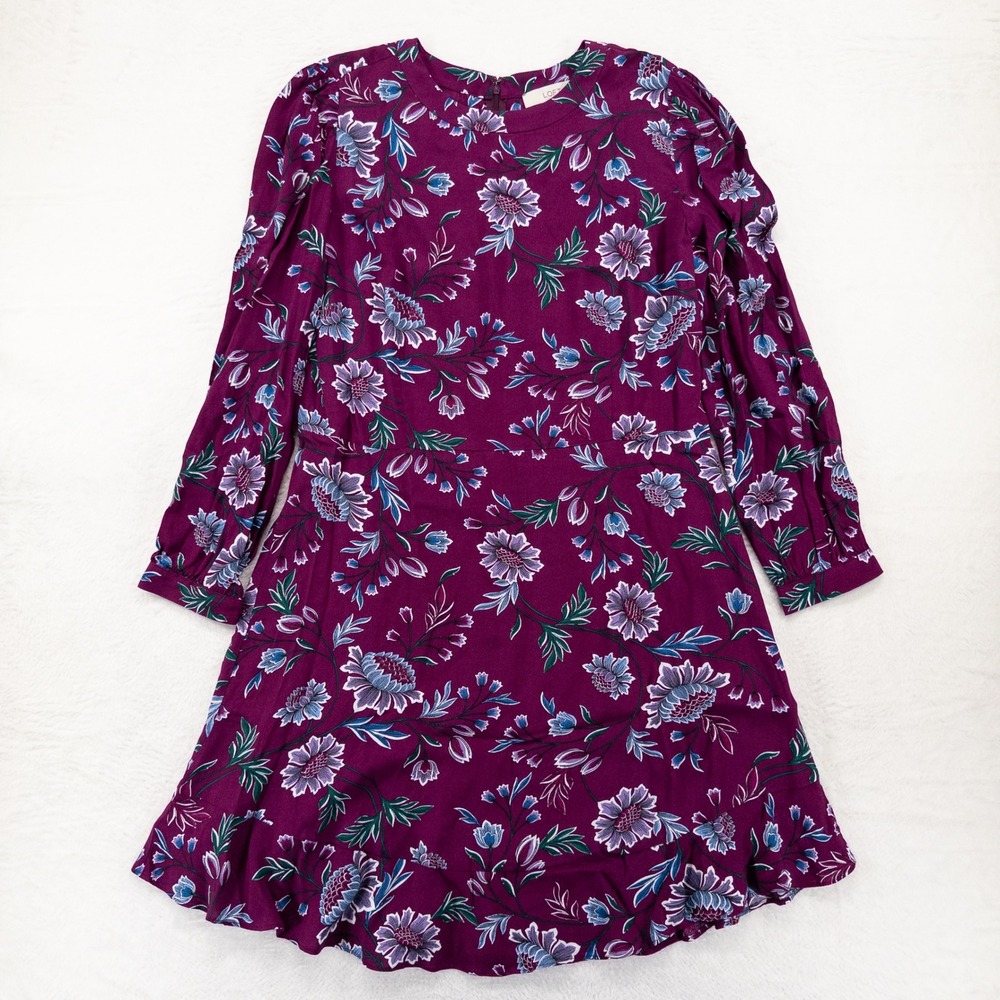 Loft Dress 14 Pink Purple Floral Long Sleeve Ruffle Hem Crew Neck Feminine